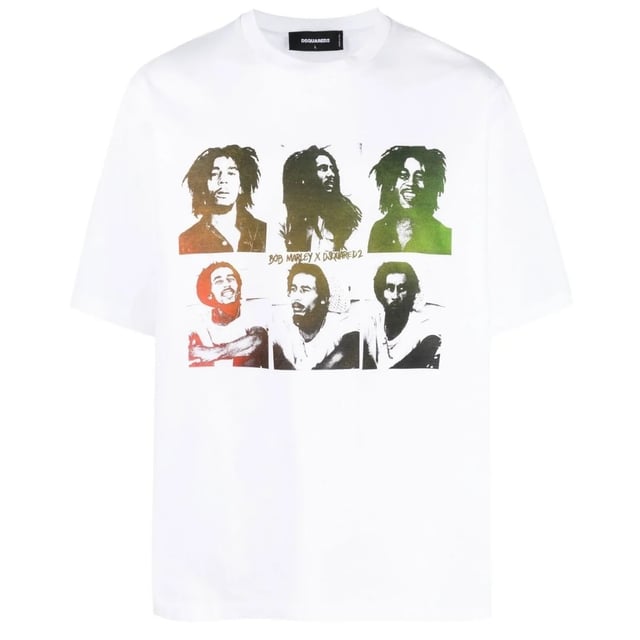 D2 Short Sleeved White Tee, Bob Marley On Chest, 100% Cotton, Made In Italy, Crew Neck, Regular True To Size Fit, D2 White Tee