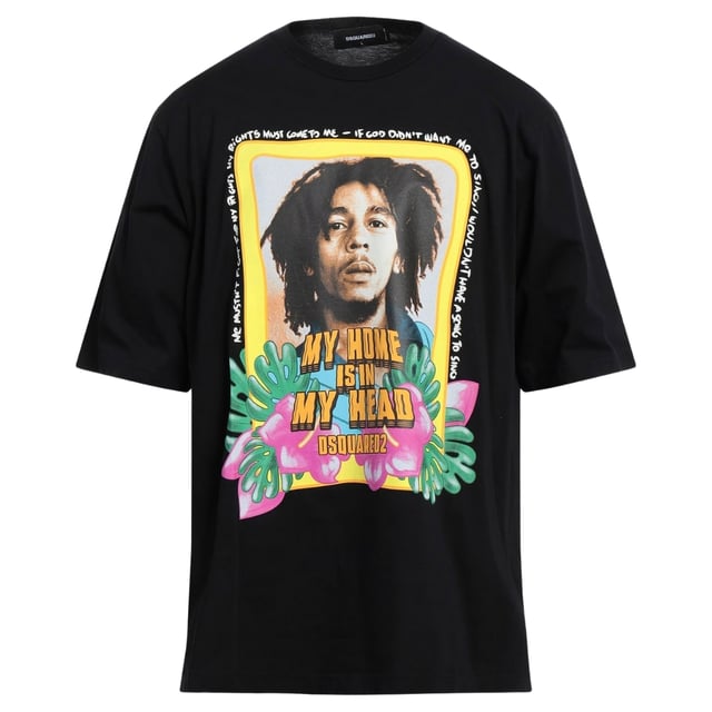 D2 Short Sleeved Black Tee, Bob Marley On Chest, 100% Cotton, Made In Italy, Crew Neck, Regular True To Size Fit, D2 Black Tee