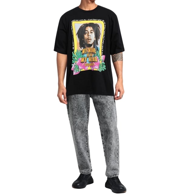 D2 Short Sleeved Black Tee, Bob Marley On Chest, 100% Cotton, Made In Italy, Crew Neck, Regular True To Size Fit, D2 Black Tee