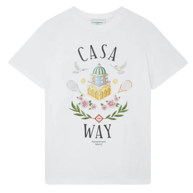 Short Sleeved White T-Shirt, Casablanca Casa Way Design, Casa Sport, Tennis Theme, Crew Neck Tee, Regular Fit, Fits True To Size, 100% Cotton, White Tee, Casual Wear