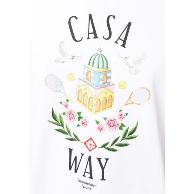 Short Sleeved White T-Shirt, Casablanca Casa Way Design, Casa Sport, Tennis Theme, Crew Neck Tee, Regular Fit, Fits True To Size, 100% Cotton, White Tee, Casual Wear