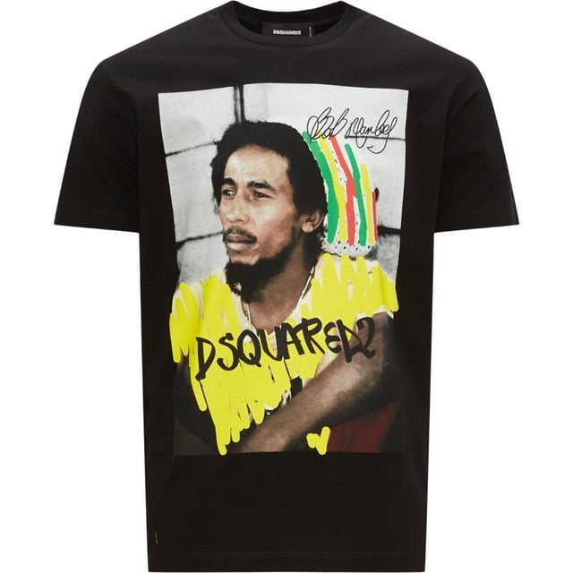 D2 Short Sleeved Black Tee, Bob Marley On Chest, 100% Cotton, Made In Italy, Crew Neck, Regular True To Size Fit, D2 Black Tee, Cool Fit T-shirt