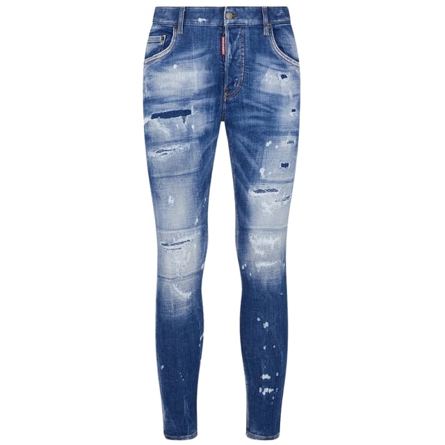 Estilo vaquero súper twinky, mezclilla elástica 93 % algodón, 4 % poliéster, 3 % elastano, bragueta de botones, corte ceñido con pierna cónica, diseño rasgado, detalle de salpicaduras de pintura, mezclilla reforzada desgastada, jeans azules