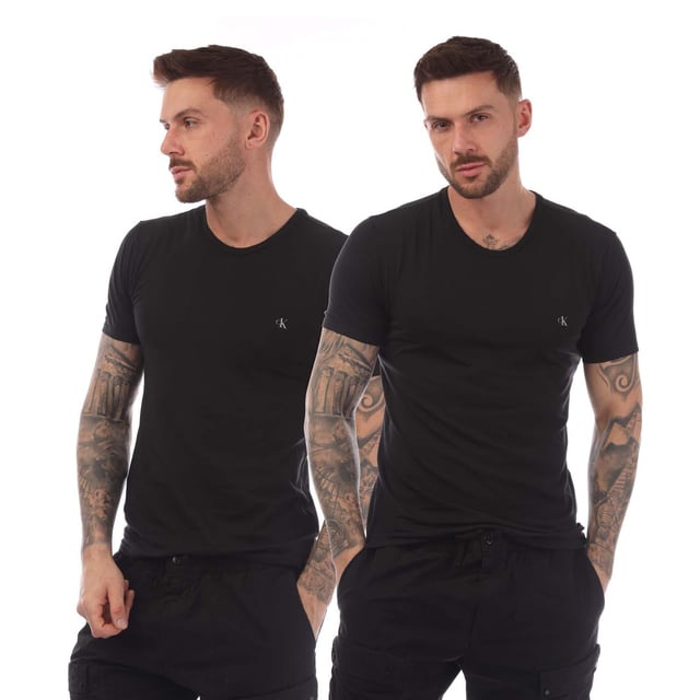 Mens Calvin Klein 2 Pack of Essential Crew T-Shirts in black.- Crew neck.- Short sleeves.- Printed branding.- Soft cotton stretch.- 95% Cotton  5% Elastane.- Ref: 000NB2221A001