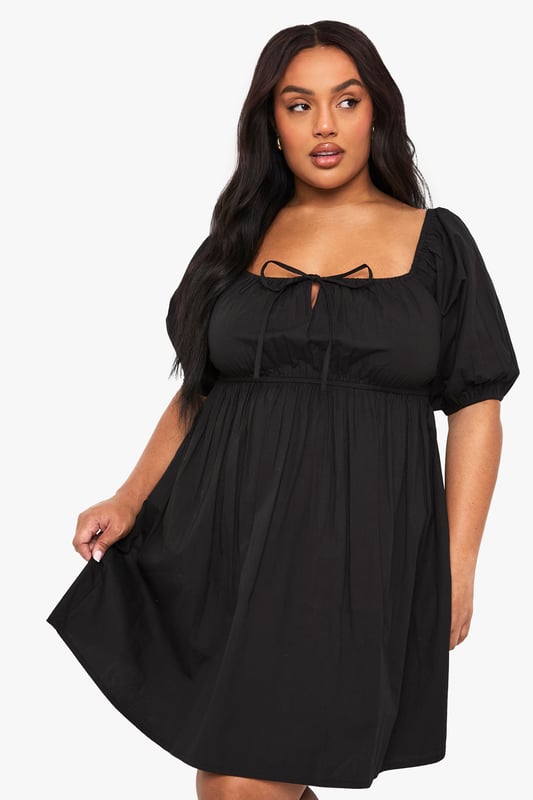 Plus Tie Front Pleated Cotton Skater Dress