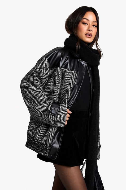 Tall Oversized Contrast PU Trim Herringbone Bomber Jacket