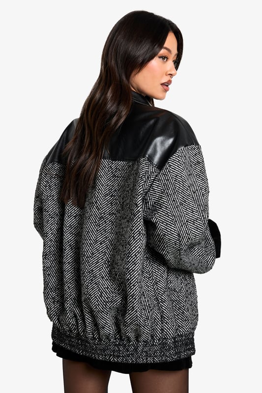 Tall Oversized Contrast PU Trim Herringbone Bomber Jacket