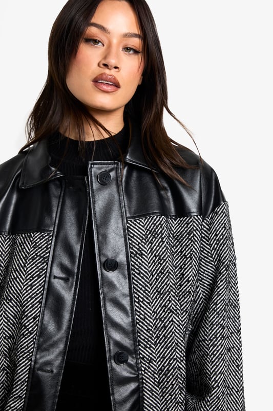 Tall Oversized Contrast PU Trim Herringbone Bomber Jacket