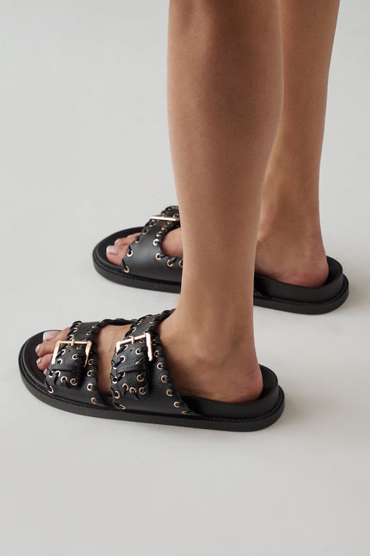 Faith: Giuliana Faux Leather Eyelet & Whipstitch Double Buckle Footbed Sliders