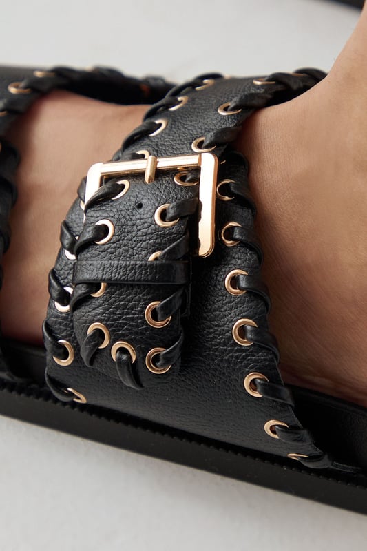 Faith: Giuliana Faux Leather Eyelet & Whipstitch Double Buckle Footbed Sliders