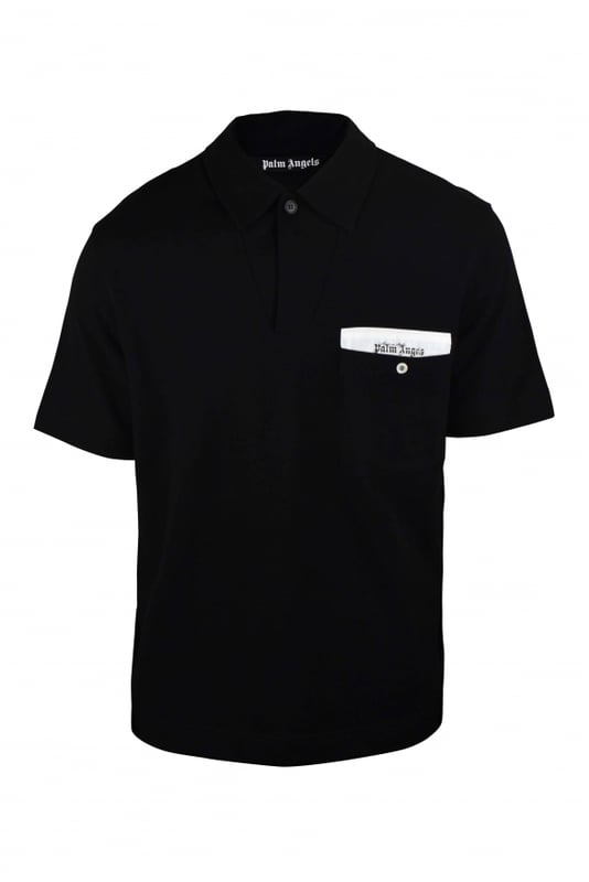 Polo Palm Angels negro.Bolsillo de parche con botón en el pecho.Parche del logotipo en el bolsillo en blanco.Mangas cortas.Cuello con botones.100% algodón.Made in Italy.