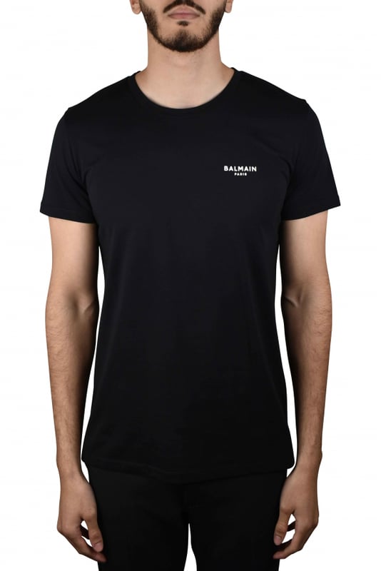 Camiseta negra Balmain Paris.Logotipo blanco impreso en el pecho.Manga corta.Dobladillo recto.100% algodón.