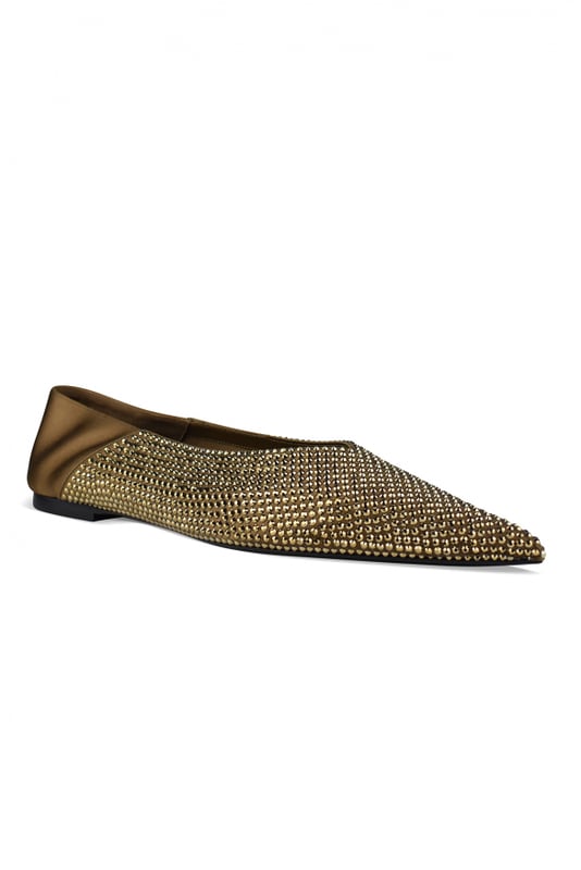 Mules Nour 05 Saint Laurent de satén dorado.Adorno de cristales tono sobre tono.Tacón flexible.Puntera en punta.Suela de cuero.Altura del tacón 0,5 cm.Made in Italy.