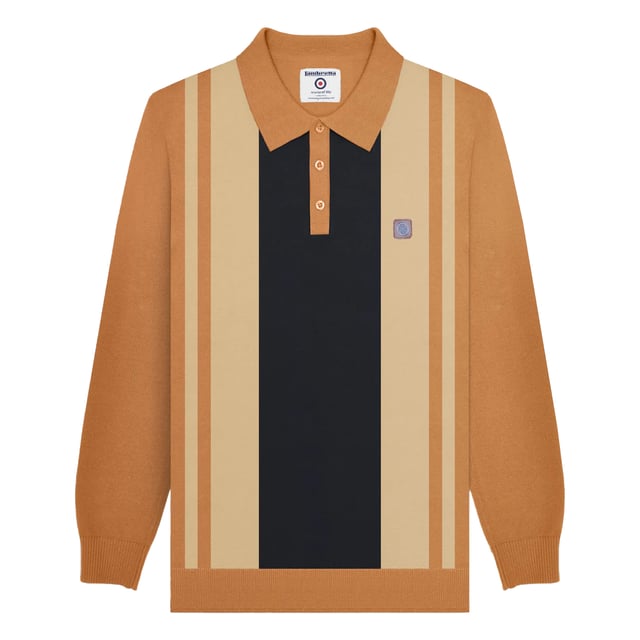 Lambretta Mens AW24 Vintage Panelled Long-Sleeved Polo Shirt (Tobacco) 100% Cotton. Fabric: Knitted. Design: Contrast Stripe, Logo, Vintage. Fastening: Button, Pull Over. Sleeve-Type: Long-Sleeved. Cuff: Ribbed. Hem: Ribbed. Neckline: Turn Down Collar. 3 Button Placket, Branded Tab. Please Note: Keep Away From Fire. S: 39 in. M: 41 in. L: 42.5 in. XL: 44 in. XXL: 46.5 in. 3XL: 48.5 in. 4XL: 51 in.