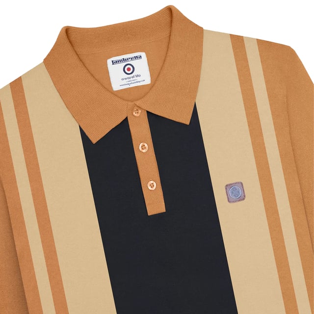 Lambretta Mens AW24 Vintage Panelled Long-Sleeved Polo Shirt (Tobacco) 100% Cotton. Fabric: Knitted. Design: Contrast Stripe, Logo, Vintage. Fastening: Button, Pull Over. Sleeve-Type: Long-Sleeved. Cuff: Ribbed. Hem: Ribbed. Neckline: Turn Down Collar. 3 Button Placket, Branded Tab. Please Note: Keep Away From Fire. S: 39 in. M: 41 in. L: 42.5 in. XL: 44 in. XXL: 46.5 in. 3XL: 48.5 in. 4XL: 51 in.