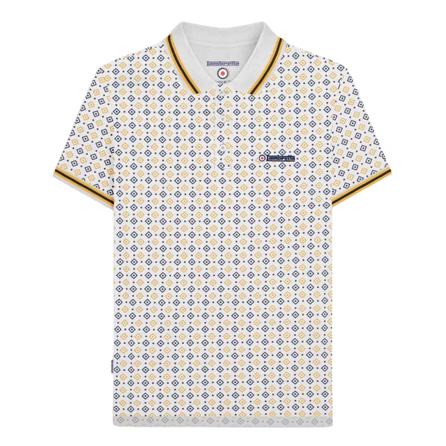 100% Cotton. Design: All-Over Print, Embroidered Logo, Geometric. Sleeve-Type: Short-Sleeved, Tipped. Neckline: Tipped Collar. 3 Button Placket, Branded Tab. S: 39 in. M: 41 in. L: 42.5 in. XL: 44 in. XXL: 45.5 in. 3XL: 47 in. 4XL: 48.5 in.