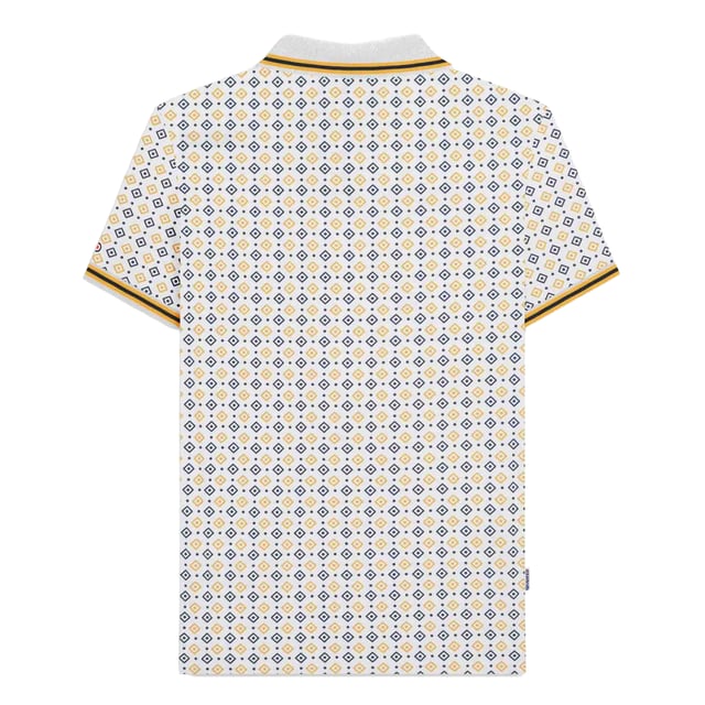 100% Cotton. Design: All-Over Print, Embroidered Logo, Geometric. Sleeve-Type: Short-Sleeved, Tipped. Neckline: Tipped Collar. 3 Button Placket, Branded Tab. S: 39 in. M: 41 in. L: 42.5 in. XL: 44 in. XXL: 45.5 in. 3XL: 47 in. 4XL: 48.5 in.