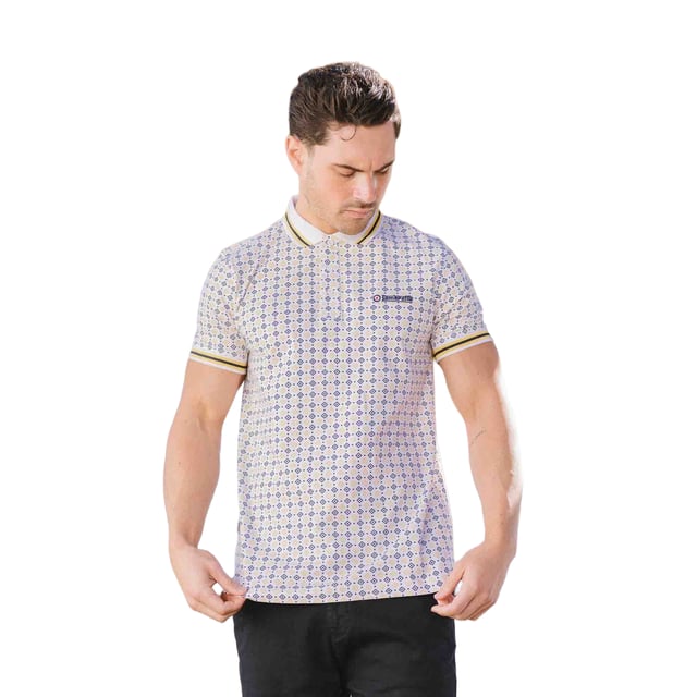 100% Cotton. Design: All-Over Print, Embroidered Logo, Geometric. Sleeve-Type: Short-Sleeved, Tipped. Neckline: Tipped Collar. 3 Button Placket, Branded Tab. S: 39 in. M: 41 in. L: 42.5 in. XL: 44 in. XXL: 45.5 in. 3XL: 47 in. 4XL: 48.5 in.