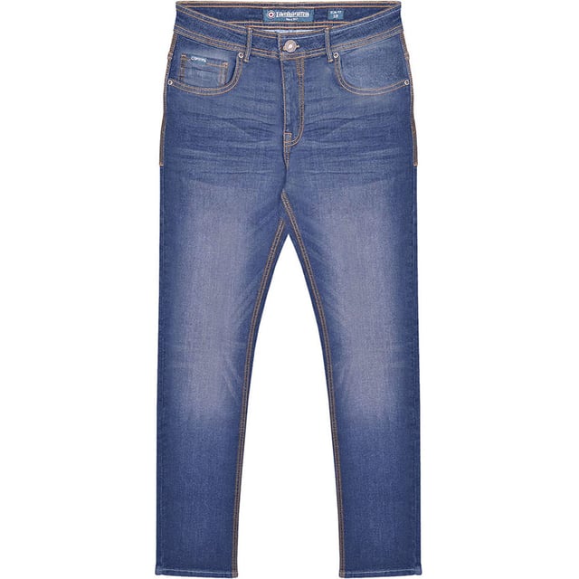 70% Cotton, 30% Polyester. Fabric: Denim Look. Design: Plain. Pockets: 2 Side Pockets, 2 Back Pockets, 1 Coin Pocket. Fastening: Button, Zip Fly. Belt Loops, Leather Detailing. Fit: Slim.