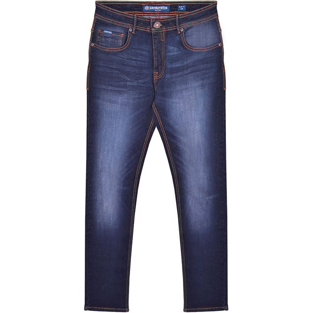 70% Cotton, 30% Polyester. Fabric: Denim Look. Design: Plain. Pockets: 2 Side Pockets, 2 Back Pockets, 1 Coin Pocket. Fastening: Button, Zip Fly. Belt Loops, Leather Detailing. Fit: Slim.