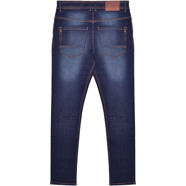 70% Cotton, 30% Polyester. Fabric: Denim Look. Design: Plain. Pockets: 2 Side Pockets, 2 Back Pockets, 1 Coin Pocket. Fastening: Button, Zip Fly. Belt Loops, Leather Detailing. Fit: Slim.