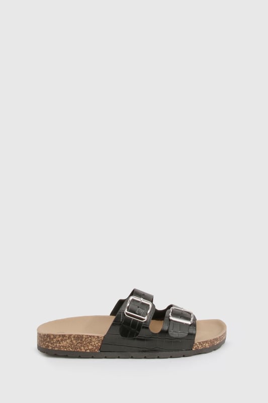 Double Buckle Croc Footbed Sliders We'll make sure your shoes keep you one stylish step ahead of the crowdWhether you're keeping it simple in sliders, living the high life in heels or joining the fash pack in flatforms, you'll be heading to shoe heaven with our fashion-forward footwear collection. Boots are your day-to-night bestfriend, giving a floral dress that tough twist - add a biker jacket for even more attitude. Find your summer feet in jelly sandals and enjoy balmy nights in block heels.