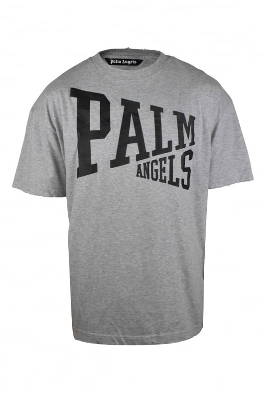 Camiseta de algodón gris con efecto Palm Angels vintage.Logotipo negro agrietado estampado en la parte delantera.Manga corta.Cuello redondo.Made in Italy.