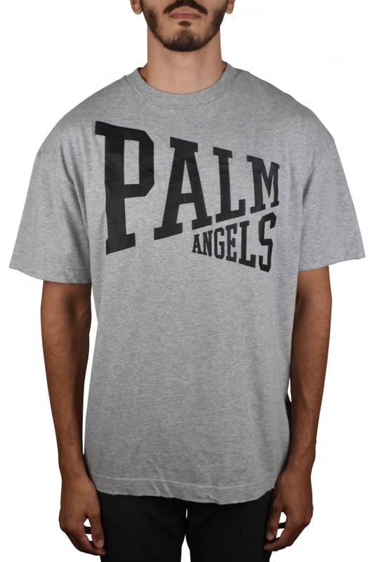Camiseta de algodón gris con efecto Palm Angels vintage.Logotipo negro agrietado estampado en la parte delantera.Manga corta.Cuello redondo.Made in Italy.
