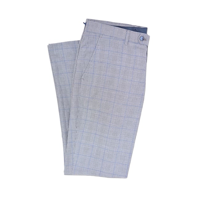 80% Polyester, 20% Rayon. Design: Prince Of Wales Check. Fastening: Button, Hook. Belt Loops. Pockets: 2 Side Pockets, 2 Back Pockets, Buttoned. Fit: Slim Tailored. Please Note: Keep Away From Fire.