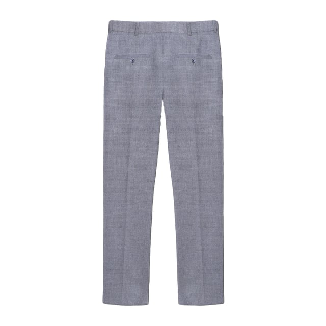 65% Polyester, 35% Viscose. Design: Checked. Fastening: Button, Zip Fly. Belt Loops. Length: Regular. Pockets: 2 Side Pockets, 2 Back Pockets, Buttoned. Fit: Slim Tailored.