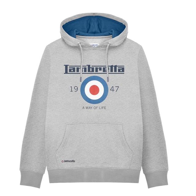 Lambretta Mens AW24 Target Hoodie (Grey Marl) 70% Cotton, 30% Polyester. Lining: Fleece, Soft. Design: Embroidered Logo, Printed, Target, Text. Hood Features: Contrast Lining. Hem: Ribbed. Neckline: Hooded. Sleeve-Type: Long-Sleeved. Cuff: Ribbed. Pockets: 1 Kangaroo Pocket. Fastening: Pull Over. Please Note: Keep Away From Fire. S: 39 in. M: 42.5 in. L: 45.5 in. XL: 48.5 in. XXL: 52.5 in. 3XL: 56 in. 4XL: 59 in.