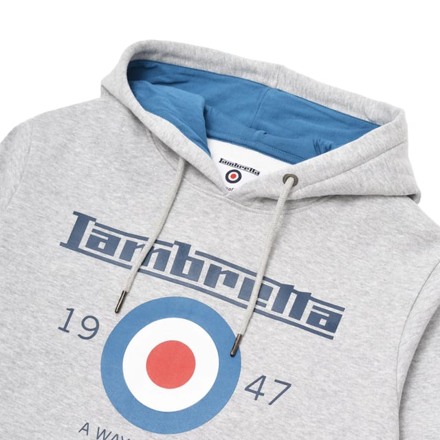 Lambretta Mens AW24 Target Hoodie (Grey Marl) 70% Cotton, 30% Polyester. Lining: Fleece, Soft. Design: Embroidered Logo, Printed, Target, Text. Hood Features: Contrast Lining. Hem: Ribbed. Neckline: Hooded. Sleeve-Type: Long-Sleeved. Cuff: Ribbed. Pockets: 1 Kangaroo Pocket. Fastening: Pull Over. Please Note: Keep Away From Fire. S: 39 in. M: 42.5 in. L: 45.5 in. XL: 48.5 in. XXL: 52.5 in. 3XL: 56 in. 4XL: 59 in.