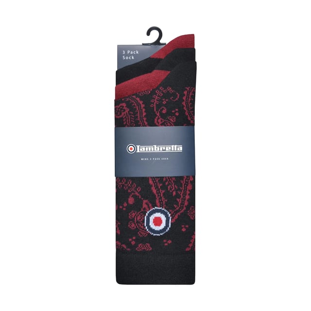 3er-Pack. Baumwolle, Elastan, Polyester. Marke: Lambretta. Design: Kontrast Detail, Logo, Paisley-Muster. Hinweis: Von Feuer fernhalten.