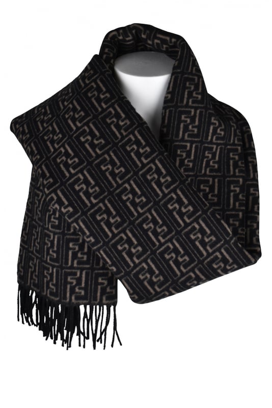 Bufanda de lana negra de Fendi.Lateral personalizado con estampado FF beige y negro.Efecto 3D.El otro lado es negro liso.Made in Italy.
