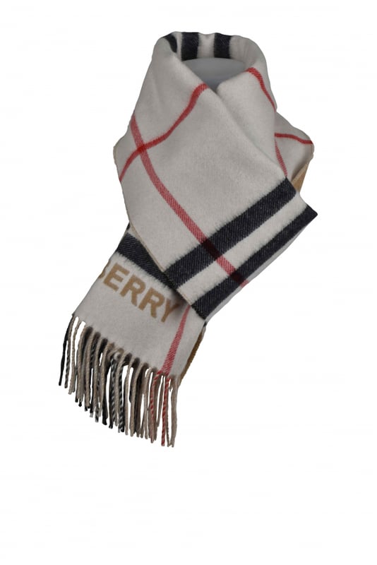 Omkeerbare beige en lichtbeige geruite Burberry-sjaal.Handtekening Burberry-print met ruitjes.Contrasterend Burberry-logo.Gefranjerde uiteinden.100% kasjmier.