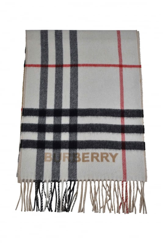 Omkeerbare beige en lichtbeige geruite Burberry-sjaal.Handtekening Burberry-print met ruitjes.Contrasterend Burberry-logo.Gefranjerde uiteinden.100% kasjmier.