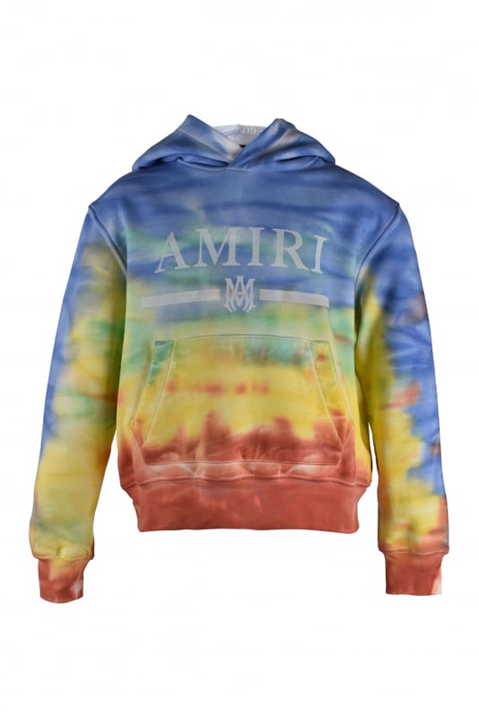 Sudadera con capucha azul, amarilla y roja de algodón Amiri.Efecto teñido.Logotipo blanco estampado en el centro.Mangas largas.Bordes acanalados.Bolsillo canguro.Made in Italy.