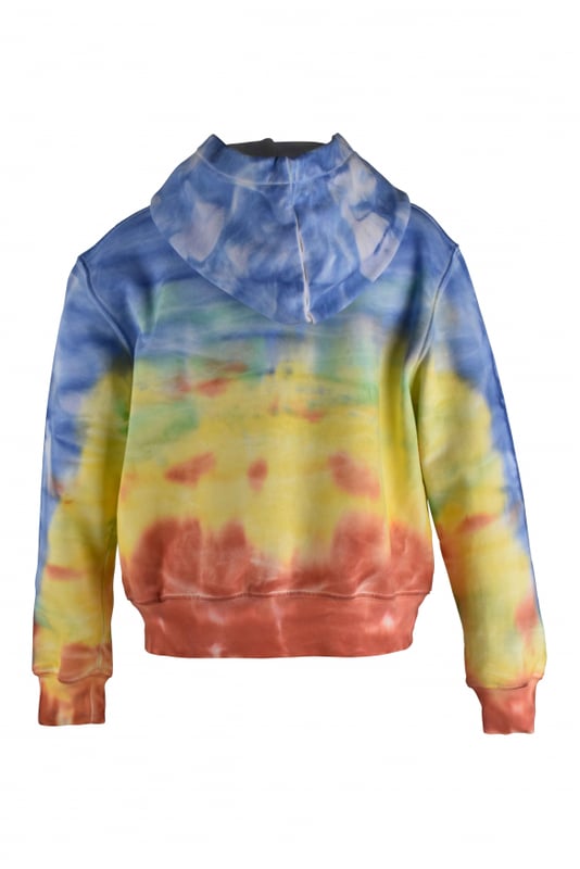 Sudadera con capucha azul, amarilla y roja de algodón Amiri.Efecto teñido.Logotipo blanco estampado en el centro.Mangas largas.Bordes acanalados.Bolsillo canguro.Made in Italy.