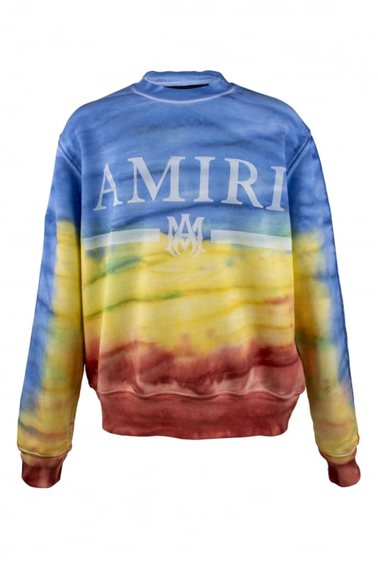 Sudadera de algodón azul, amarillo y rojo de Amiri.Efecto teñido.Logotipo blanco estampado en el centro.Mangas largas.Bordes acanalados.Made in Italy.