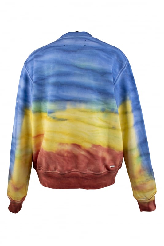 Sudadera de algodón azul, amarillo y rojo de Amiri.Efecto teñido.Logotipo blanco estampado en el centro.Mangas largas.Bordes acanalados.Made in Italy.