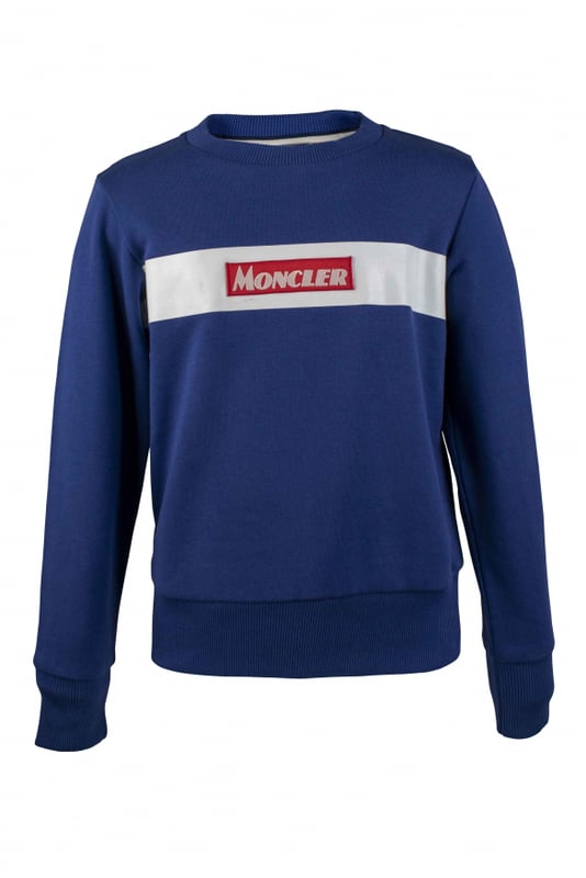 Sudadera azul de algodón Moncler.Banda horizontal blanca en el centro con logotipo en un marco rojo.Cuello redondo.Bordes de canalé.Mangas largas.Made in Italy.