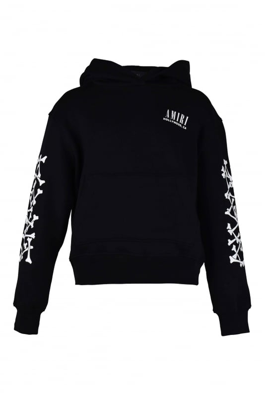 Sudadera con capucha Amiri de algodón negro.Logotipo blanco estampado en el pecho.Estampado de huesos blancos a lo largo de las mangas.Puños de canalé.Bolsillo canguro.Made in Italy.