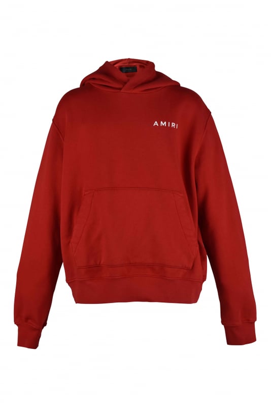 Sudadera con capucha Amiri de algodón rojo.Logotipo blanco estampado en el pecho.Estampado de huesos azul claro en la espalda.Bordes acanalados.Bolsillo canguro.Made in Italy.