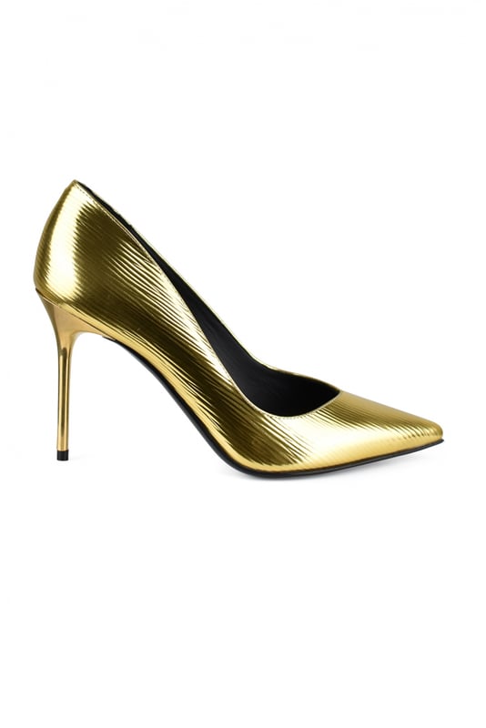 100 mm Metallic-Pumps von Balmain.Aus goldfarbenem Leder.Spitze Spitze an der Spitze.Hoher Pfennigabsatz.Made in Italy.
