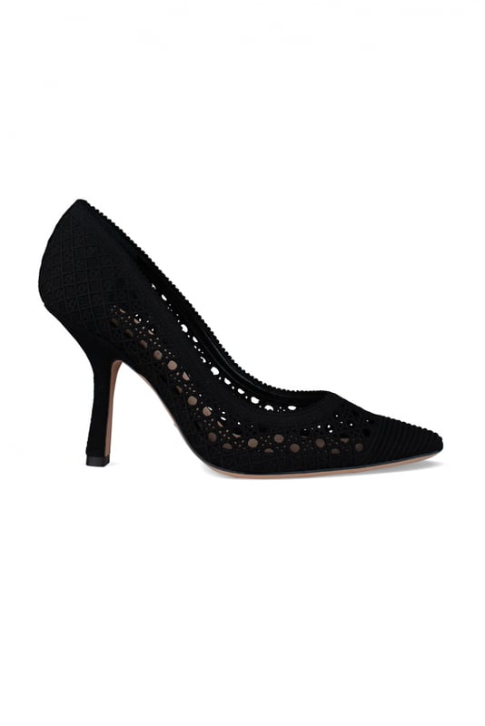 Zapatos de tacón Dior de lona negra perforada.Suela de cuero con estrella emblemática.Altura del tacón: 10 cm.Made in Italy.