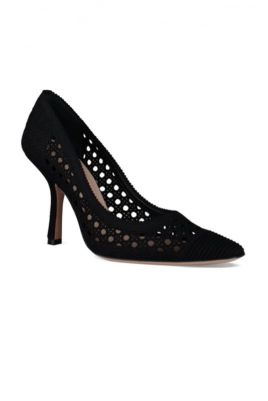 Zapatos de tacón Dior de lona negra perforada.Suela de cuero con estrella emblemática.Altura del tacón: 10 cm.Made in Italy.