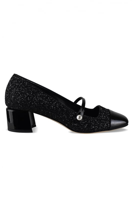 Zapatos de tacón Jimmy Choo Elisa 45 negros con purpurina.Puntera cuadrada en charol.Tira fina adornada con una perla blanca.Logotipo de la marca en el talón.Tacón en bloque de 4,5 cm.Suela de cuero.Made in Italy.