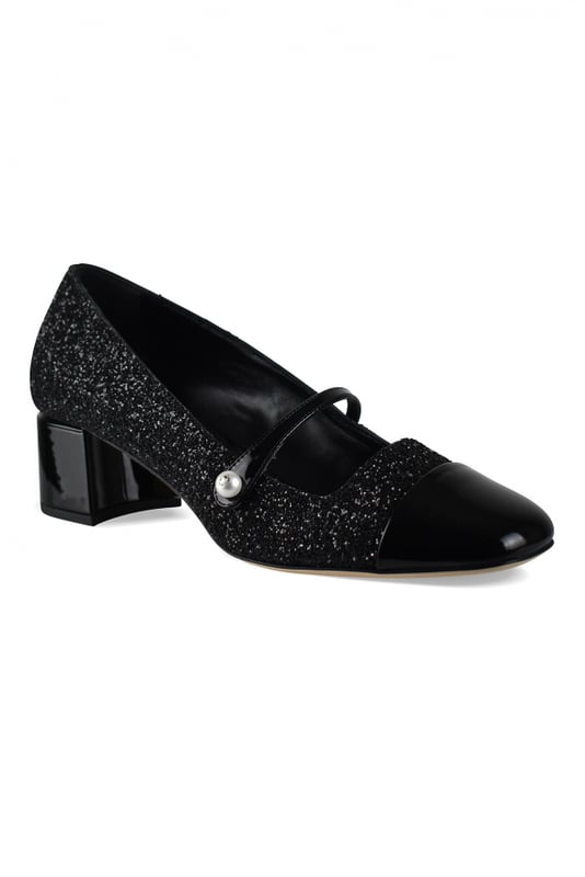 Zapatos de tacón Jimmy Choo Elisa 45 negros con purpurina.Puntera cuadrada en charol.Tira fina adornada con una perla blanca.Logotipo de la marca en el talón.Tacón en bloque de 4,5 cm.Suela de cuero.Made in Italy.