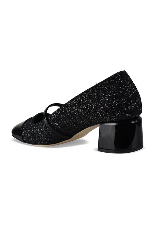 Zapatos de tacón Jimmy Choo Elisa 45 negros con purpurina.Puntera cuadrada en charol.Tira fina adornada con una perla blanca.Logotipo de la marca en el talón.Tacón en bloque de 4,5 cm.Suela de cuero.Made in Italy.