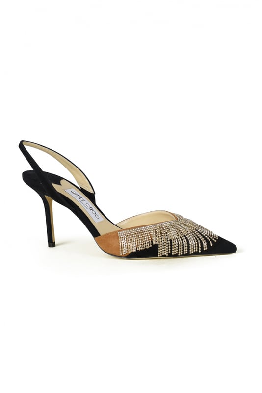 Salones Jimmy Choo, modelo Thia.Puntera en punta y tira trasera en ante negro y marrón.Franja de cadenas en la parte delantera.Altura del tacón 8.5 cm.Suela de cuero.Made in Italy.